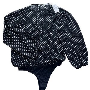 Elodie Women's Black/White Polka Dot Sheer Blouse Bodysuit Size L